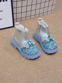 Girls Crystal Studded Thermal Lined Ankle Boots, Princess Style Boots, New For Fall/Winter 2023-2024 - Silver - View 3