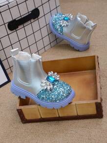 Girls Crystal Studded Thermal Lined Ankle Boots, Princess Style Boots, New For Fall/Winter 2023-2024 - Silver - View 4