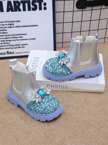 Girls Crystal Studded Thermal Lined Ankle Boots, Princess Style Boots, New For Fall/Winter 2023-2024 - Silver - View 1