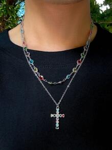 2 Stücke Herren Vintage Punk Kreuzanhänger Halskette mit Strass Kette, passend als Urlaubsgeschenk (zufällige Diamantfarbe und -position)