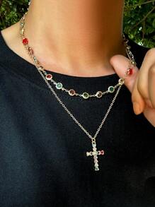 2 Stücke Herren Vintage Punk Kreuzanhänger Halskette mit Strass Kette, passend als Urlaubsgeschenk (zufällige Diamantfarbe und -position)