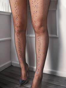 1 件彩色水钻渔网紧身裤，性感连裤袜，带高弹力水钻水钻网眼丝袜，适合女士