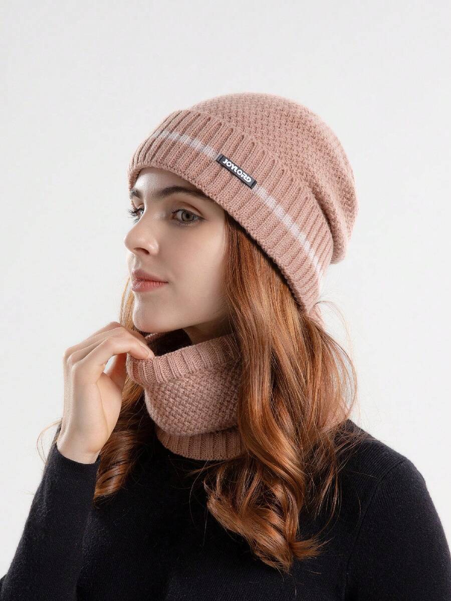 女士厚针织帽，秋冬季保暖 - 粉色 - 查看 1