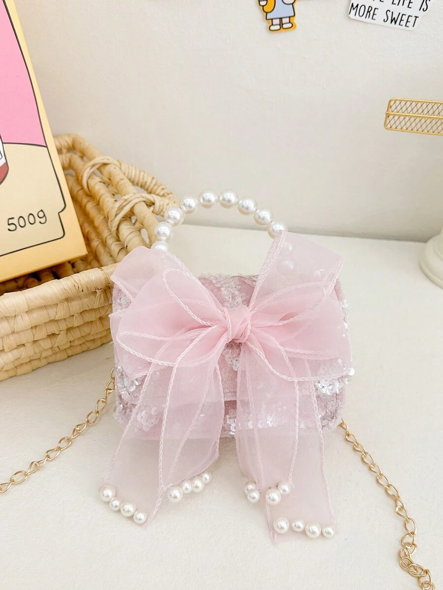 1pc Girls Polyester Cartoon Bow Pattern Crossbody Bag, Cute Design For Outdoor Use