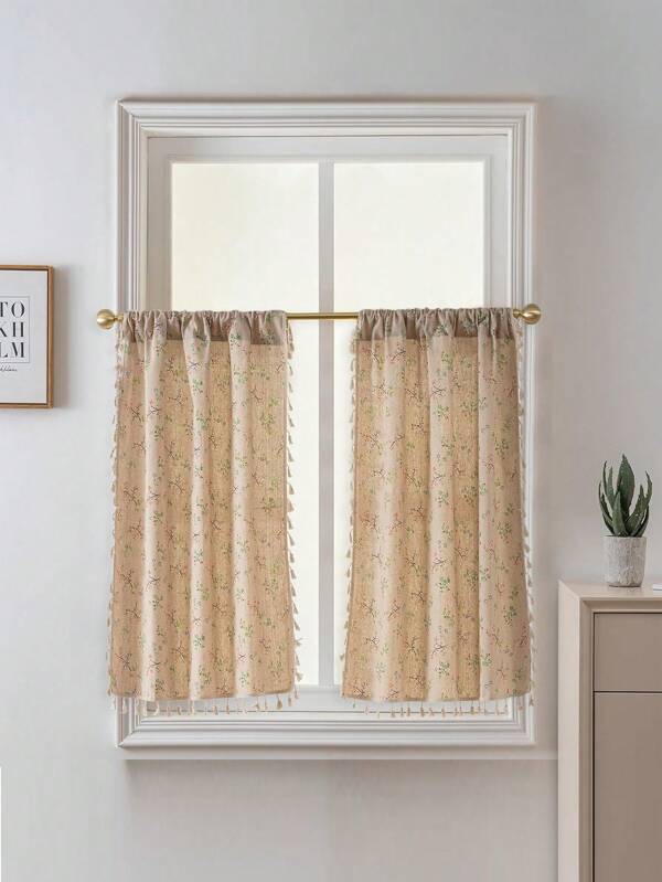 1pc Linen Style Tassel Fringed Window Curtain, Suitable For Bedroom Window Privacy Blocking, Kitchen Cabinet Cover, Bedroom Tassel Curtain, Small Window Blackout Curtain