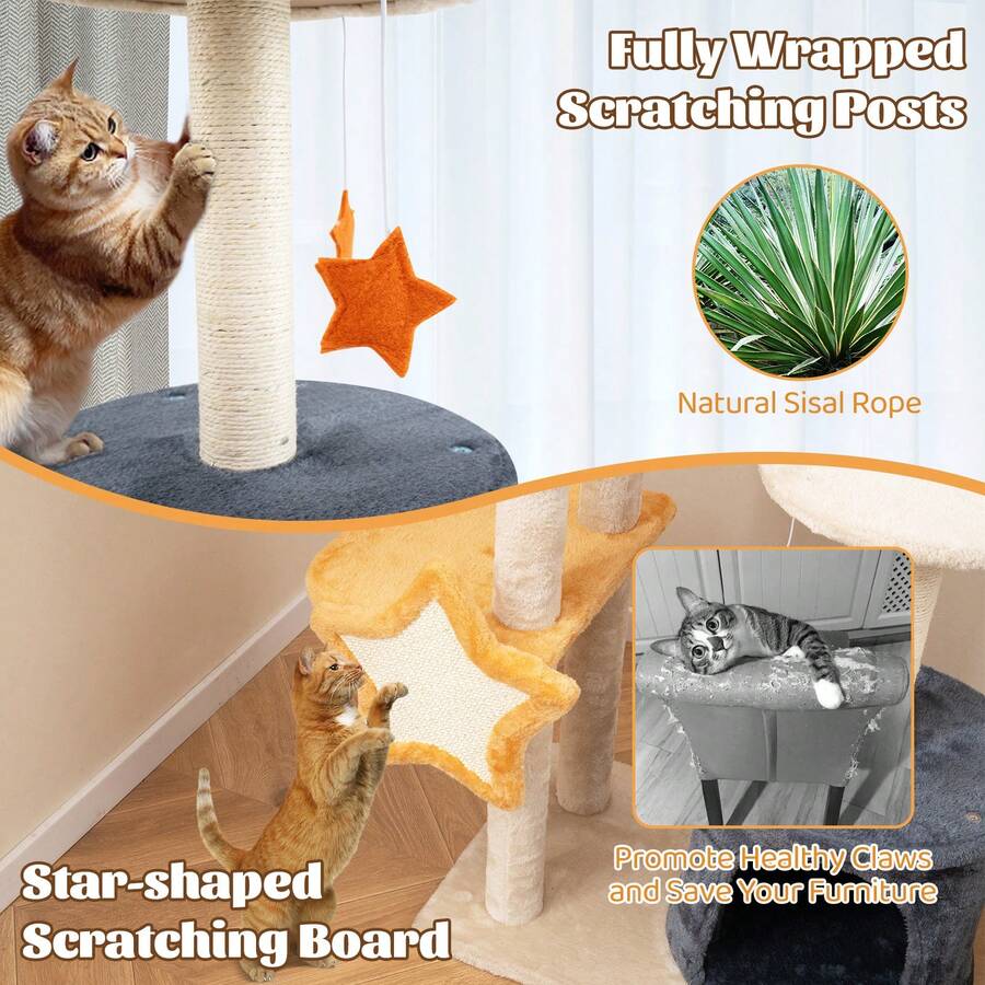 Cat Tree, 128cm MultiLevel Cat Tower With Scratching Posts, Star And