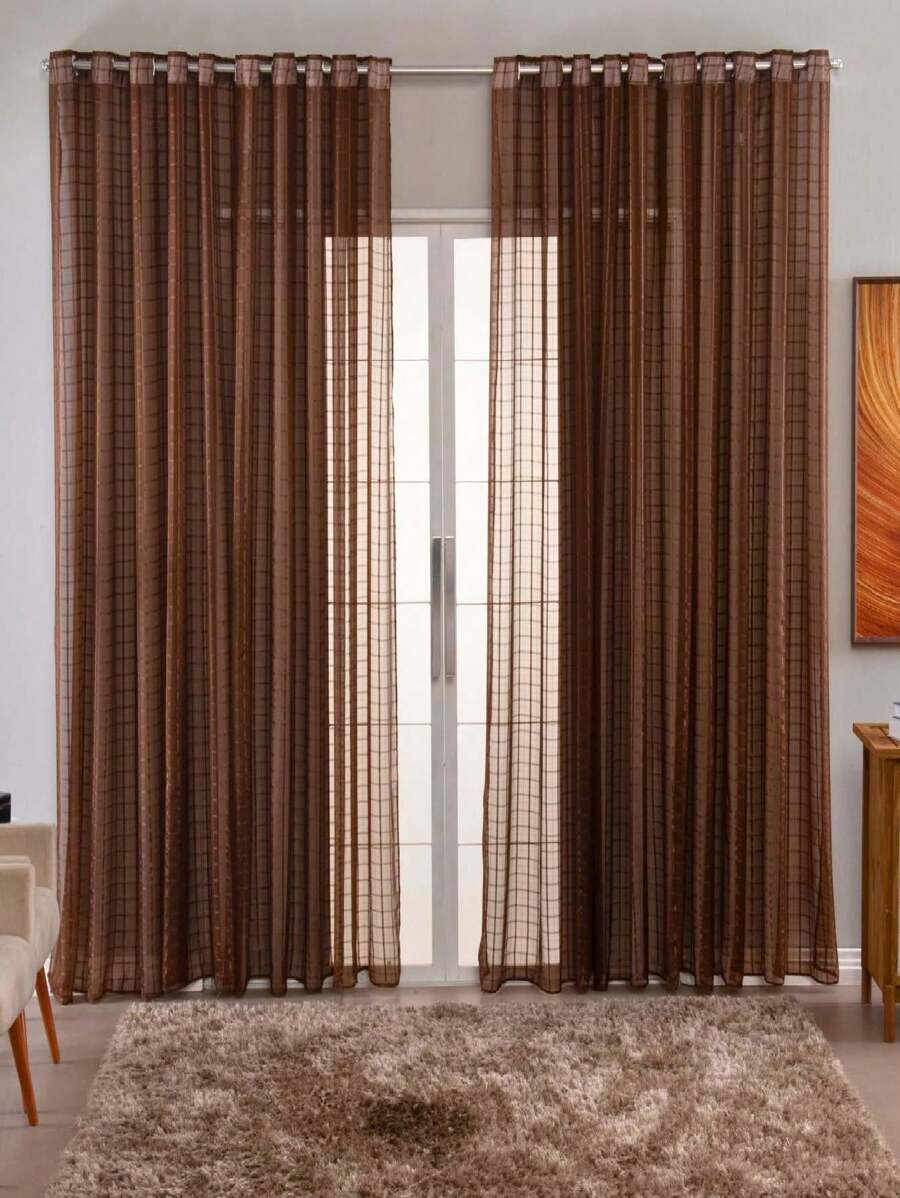 Curtain Living Room Voile Checkered Charm Decoration 4.00x2.80 - Rust Brown - View 1