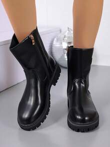 女士黑色金属扣装饰侧拉链切尔西靴，欧美时尚短靴 - 黑色 - 查看 3