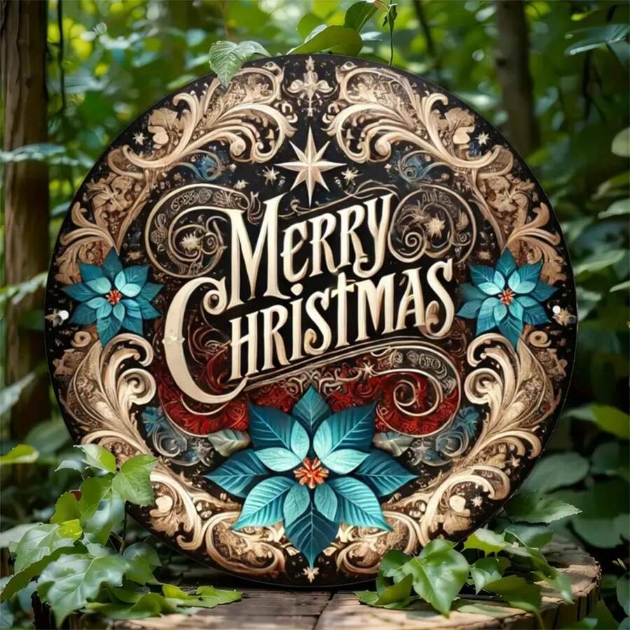 1 件圆形 8 英寸金属圣诞装饰墙画，2D 节日装饰，适用于家庭、卧室、客厅、咖啡厅 - 随机放置挂孔，理想的礼物 - 彩色 - 查看 1