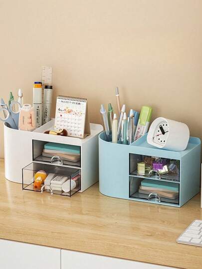1pc Mini Desktop Organizer With 2 Drawer, Multi-Functional Pencil Pen Holder For Desk, Simple And Creative Stationery & Office Supplies Storage Box For School, Office, Dorm, Multi-Compartment Organizer, Makeup Organiser, Back To School Supplies, Holiday Gift, Christmas Present