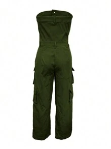 Chicsale Solid Color Casual Overalls Jumpsuit, Sexy Straight Tube Tube Top Long Jumpsuit, With Pockets, Women's Wear - Màu xanh lá cây đậm - Xem 5