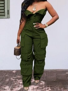 Chicsale Solid Color Casual Overalls Jumpsuit, Sexy Straight Tube Tube Top Long Jumpsuit, With Pockets, Women's Wear - Màu xanh lá cây đậm - Xem 1
