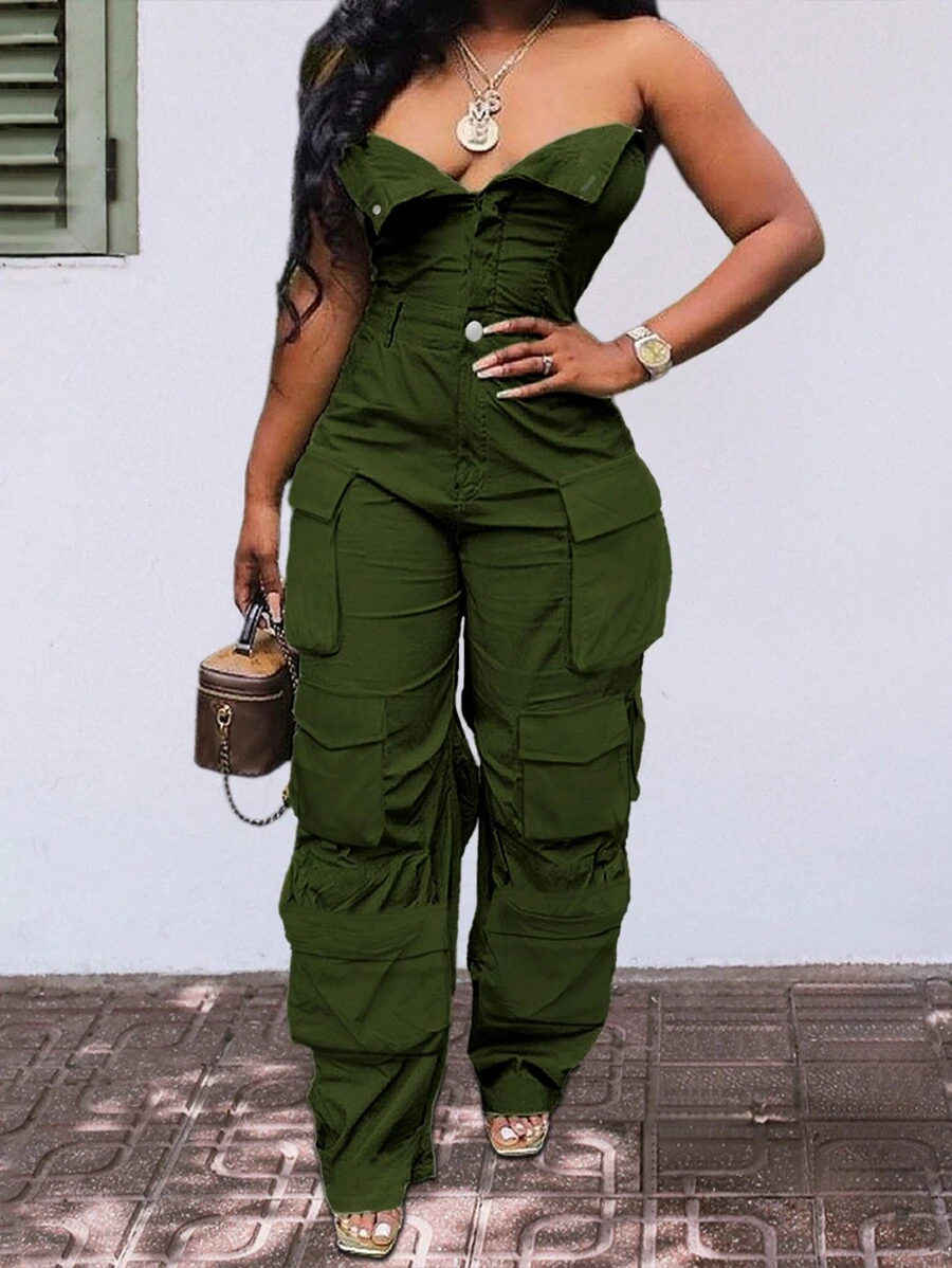 Chicsale Solid Color Casual Overalls Jumpsuit, Sexy Straight Tube Tube Top Long Jumpsuit, With Pockets, Women's Wear - Màu xanh lá cây đậm - Xem 1