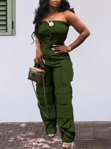 Chicsale Solid Color Casual Overalls Jumpsuit, Sexy Straight Tube Tube Top Long Jumpsuit, With Pockets, Women's Wear - Màu xanh lá cây đậm - Xem 2