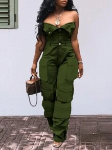 Chicsale Solid Color Casual Overalls Jumpsuit, Sexy Straight Tube Tube Top Long Jumpsuit, With Pockets, Women's Wear - Màu xanh lá cây đậm - Xem 4