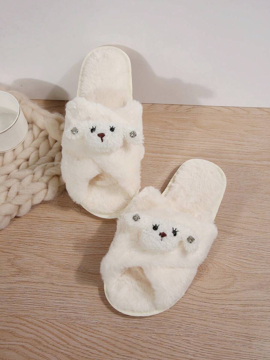可爱小狗印花女士拖鞋，2023/2024 秋冬新款防滑毛茸茸家居鞋，Ins 风格 - 白色 - 查看 1