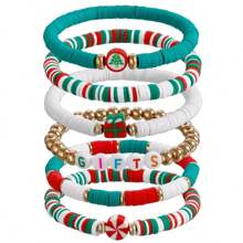 6 件装可爱圣诞手链、字母手链、麋鹿圣诞老人圣诞树手链、节日手链、珠宝礼品、圣诞礼物，适合女性、女友、同事、青少年作为派对礼物，优雅的可堆叠手链套装，波西米亚风格手串，适合圣诞礼物 - 无羽毛，季节性派对珠宝配饰，圣诞节 - 彩色 - 查看 10