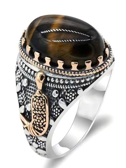 1 قطعة خاتم رجالي عتيق بياقوت أزرق طبيعي بني فاتح، مجوهرات لحفلة الزفاف والخطوبة والحفلات