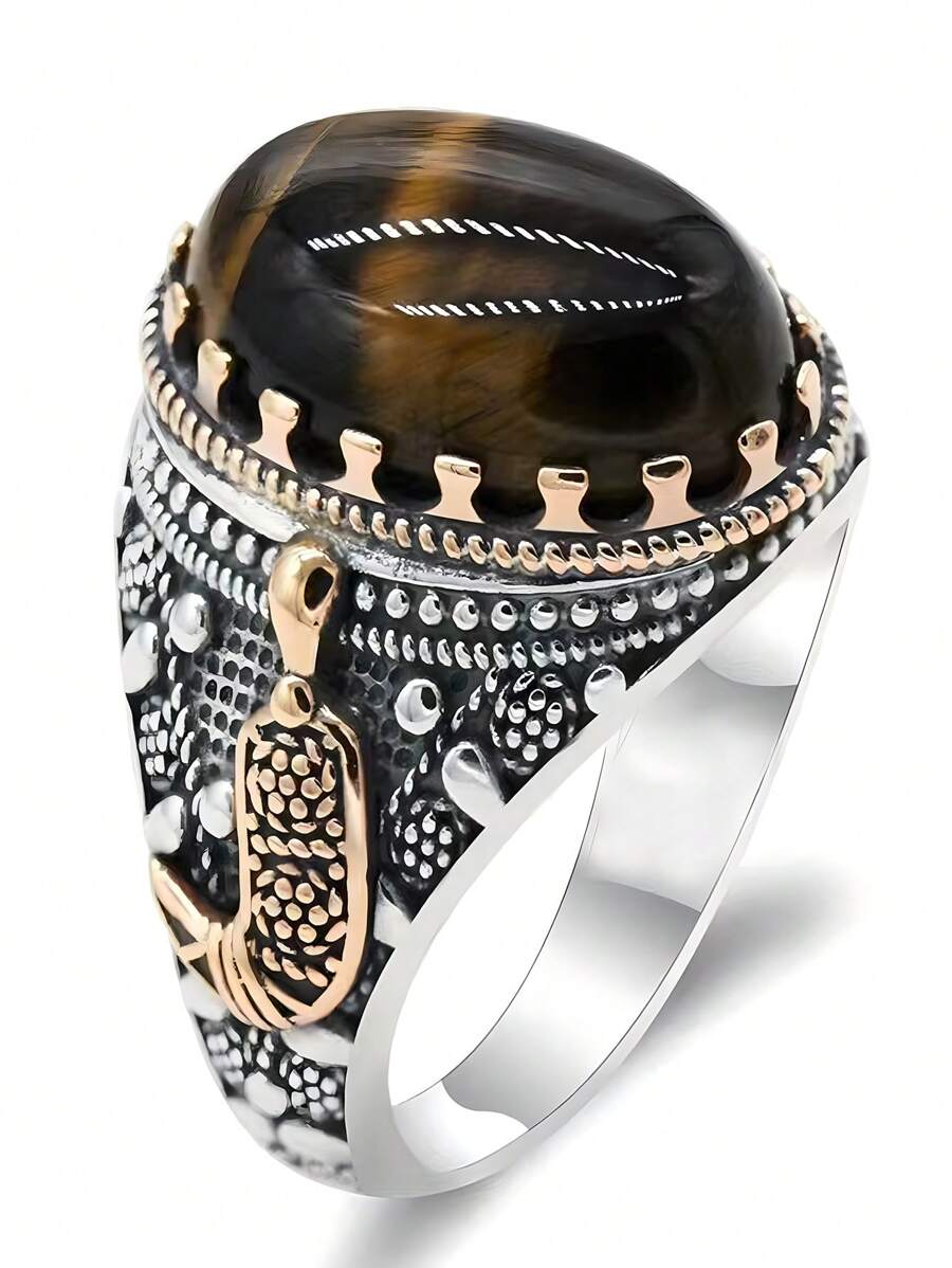 1 件男士时尚复古天然棕色绿松石戒指，适合婚礼、订婚、派对的珠宝 - 銀色 - 查看 1