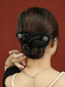 1pc Slouchy Twist Clip Women's Sparkling Rhinestone Decoration Bowknot Mesh Eye Roll Hair Clip Binding Machine Curling Ball Head Bowknot Hair Clip Headpiece New, Suitable For Party Daily Wear