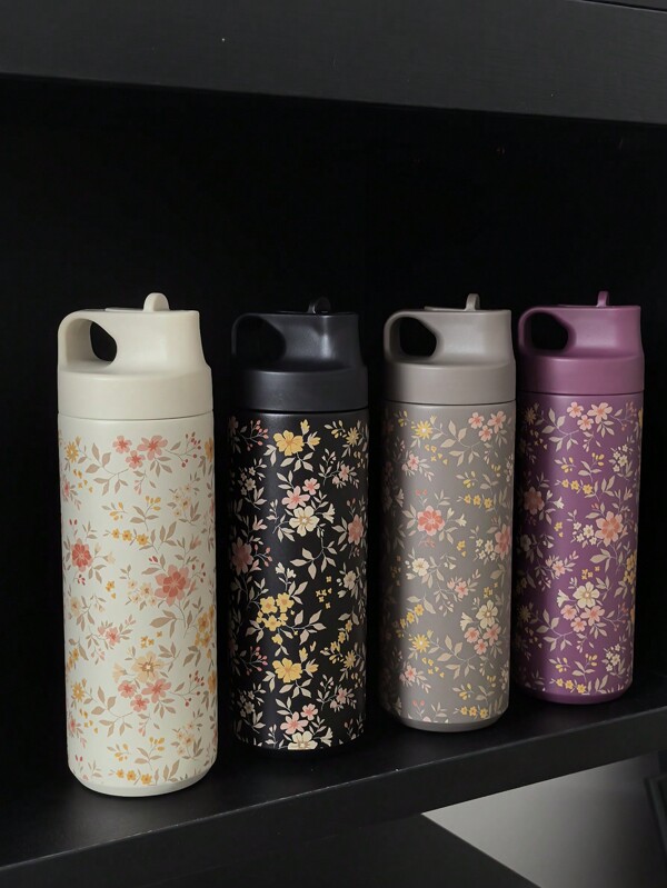 1pc 550ml/18.6oz Yellow Floral Series Insulated Water Bottle, Cup, Flip Cap Drinking Bottle, Gym & Outdoor Sports Bottle, School Supplies, Holiday Gift Back To School