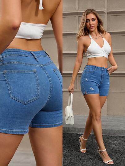 Short en jean délavé décontracté et élastique à la mode pour femmes