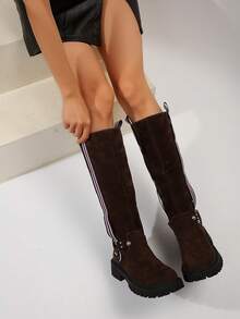 2024 新款女士中筒靴加大码松紧带设计，春秋季节及膝高筒靴 - 棕色 - 查看 6