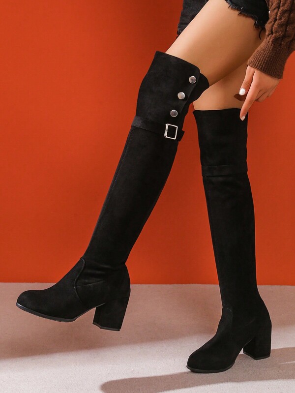 Women's Over The Knee Boots, Thick Heel, Warm, Belt Buckle, Round Toe, Elastic, High Heel Boots, Autumn/Winter