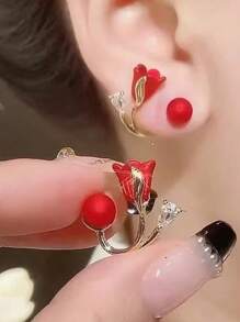 1 Cặp Hoa Tai Hình Hoa Tulip Thanh Lịch Với Pha Lê Rhinestone Lấp Lánh, Thiết Kế Bằng Hợp Kim, Phù Hợp Với Phụ Nữ, Hoàn Hảo Cho Các Dịp Cưới Hỏi Ngày Lễ Tình Nhân Ngày Lễ Tình Nhân - Đỏ - Xem 7