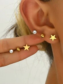 6 件不锈钢镀金锆石五角星耳钉，时尚情侣日常佩戴 - 金色 - 查看 1