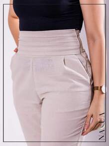 KIT 2 Women's Tailored Trousers, In Linen, With Draped Waistband And Side Cuffs, With Front Pocket - Black - View 5