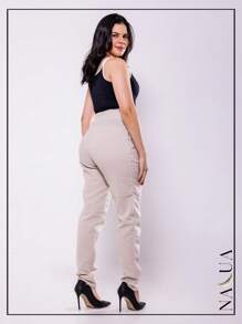 KIT 2 Women's Tailored Trousers, In Linen, With Draped Waistband And Side Cuffs, With Front Pocket - Black - View 4
