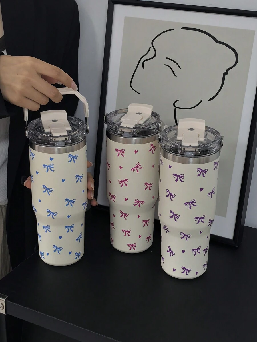 1pc 900ml/33.44oz Heart & Bow Vacuum Insulated Tumbler, Thermos Cup, Large Capacity Water Bottle With Handle & Straw, Dual Drinking Lid, Travel & Outdoor, Gym & Sports, School Supplies, Holiday Gift
