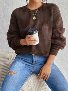 Women Solid Color Crew Neck Long Sleeve Basic Rib Knit Sweater,Long Sleeve Tops
