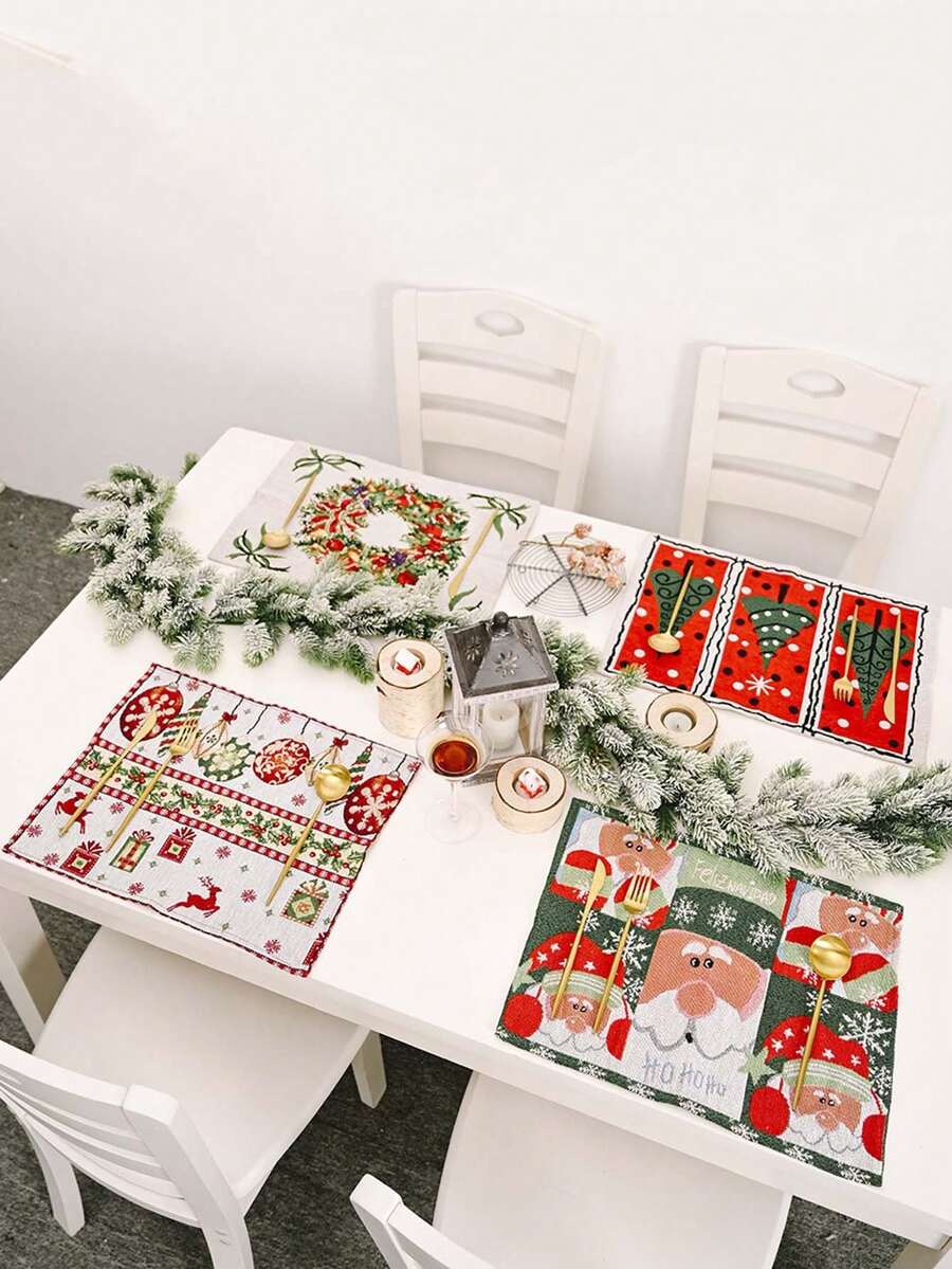 1 pieza Mantel individual tejido para decoración navideña, tapete de mesa de tejido creativo, con patrón de Papá Noel y árbol de Navidad, decoración cuadrada para mesa de comedor, suministros para ambientación del hogar