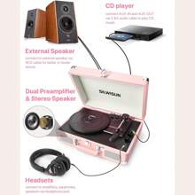 SILWISUN 3 Speeds Record Player Vintage Portable Suitcase Turntable, Bluetooth Vinyl Phonograph With Built-In Battery & Speakers, 3.5MM Headphone Jack/AUX/RCA/Belt-Driven, Pink