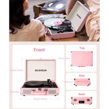 SILWISUN 3 Speeds Record Player Vintage Portable Suitcase Turntable, Bluetooth Vinyl Phonograph With Built-In Battery & Speakers, 3.5MM Headphone Jack/AUX/RCA/Belt-Driven, Pink