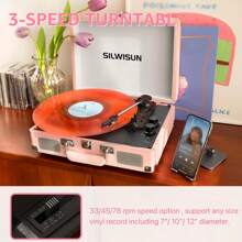 SILWISUN 3 Speeds Record Player Vintage Portable Suitcase Turntable, Bluetooth Vinyl Phonograph With Built-In Battery & Speakers, 3.5MM Headphone Jack/AUX/RCA/Belt-Driven, Pink