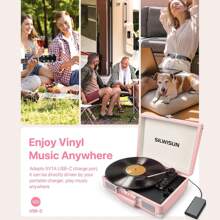 SILWISUN 3 Speeds Record Player Vintage Portable Suitcase Turntable, Bluetooth Vinyl Phonograph With Built-In Battery & Speakers, 3.5MM Headphone Jack/AUX/RCA/Belt-Driven, Pink