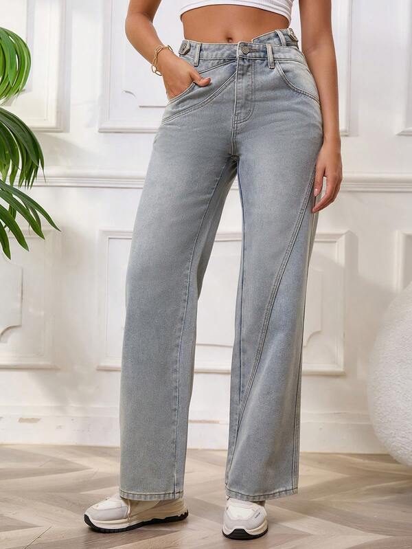 Jeans en denim lavé à coupe droite pour femmes, tout-saison