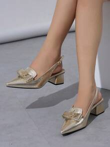 女士金属装饰金色尖头露跟高跟鞋，蛇皮纹理粗跟优雅迷人纯色高跟鞋，舒适适合户外穿着、购物、派对、正式活动、万圣节、圣诞节，金色 PU - 金色 - 查看 12