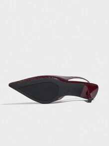 女士高跟鞋，尖头高跟鞋，时尚细跟露跟浅口凉鞋，优雅派对装，优雅猫跟鞋 - 酒紅色 - 查看 6