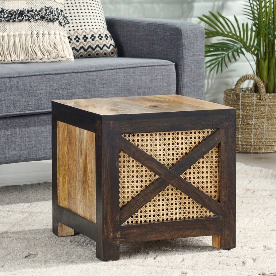 Westby Mango Wood And Cane Square Cube Ottoman SHEIN USA