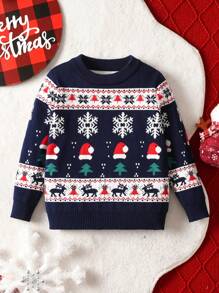 Young Boy Christmas Santa Hat Snowflake Reindeer Pattern Pullover Sweater, Suitable For Spring, Autumn, Winter