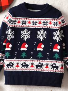 Young Boy Christmas Santa Hat Snowflake Reindeer Pattern Pullover Sweater, Suitable For Spring, Autumn, Winter
