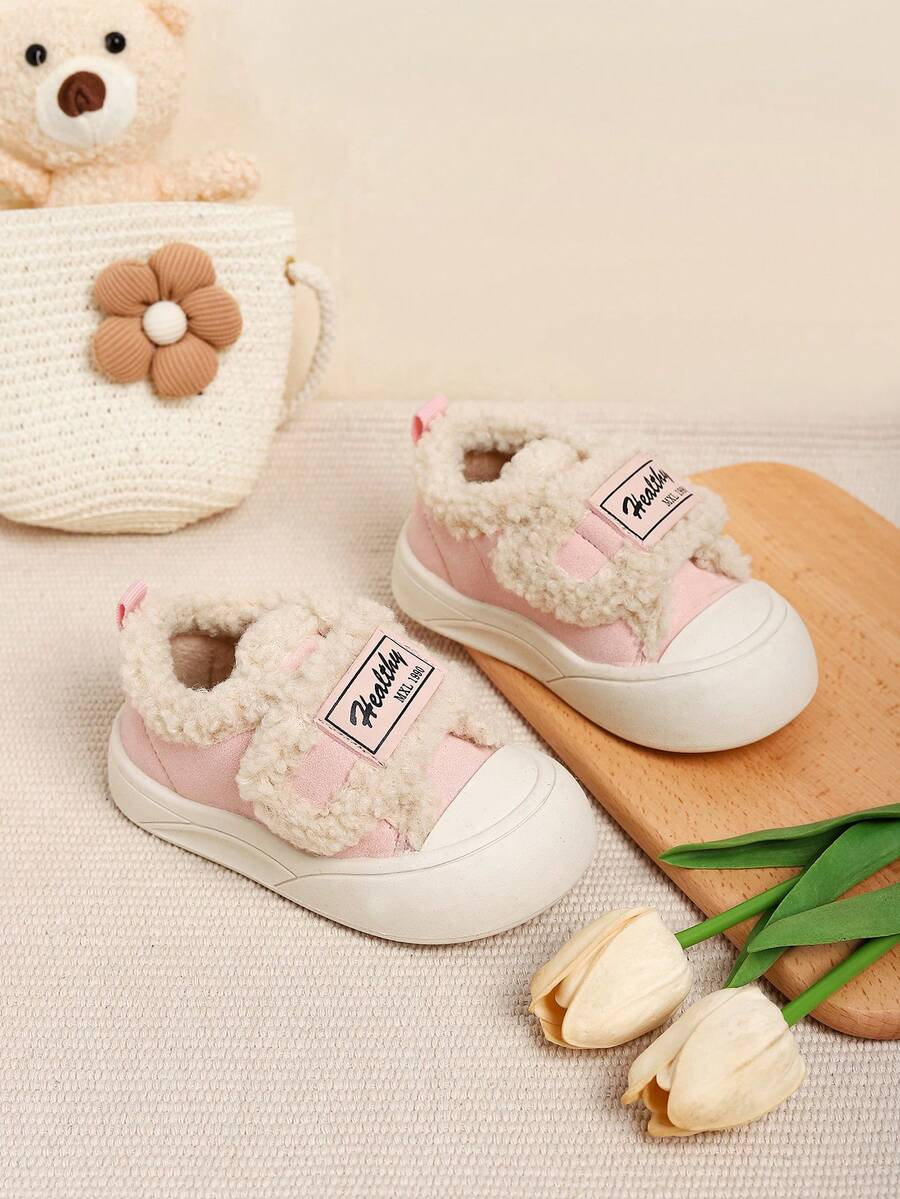 女童鞋，温暖内衬，韩版简约休闲运动鞋，适合幼儿和儿童 - 粉色 - 查看 1
