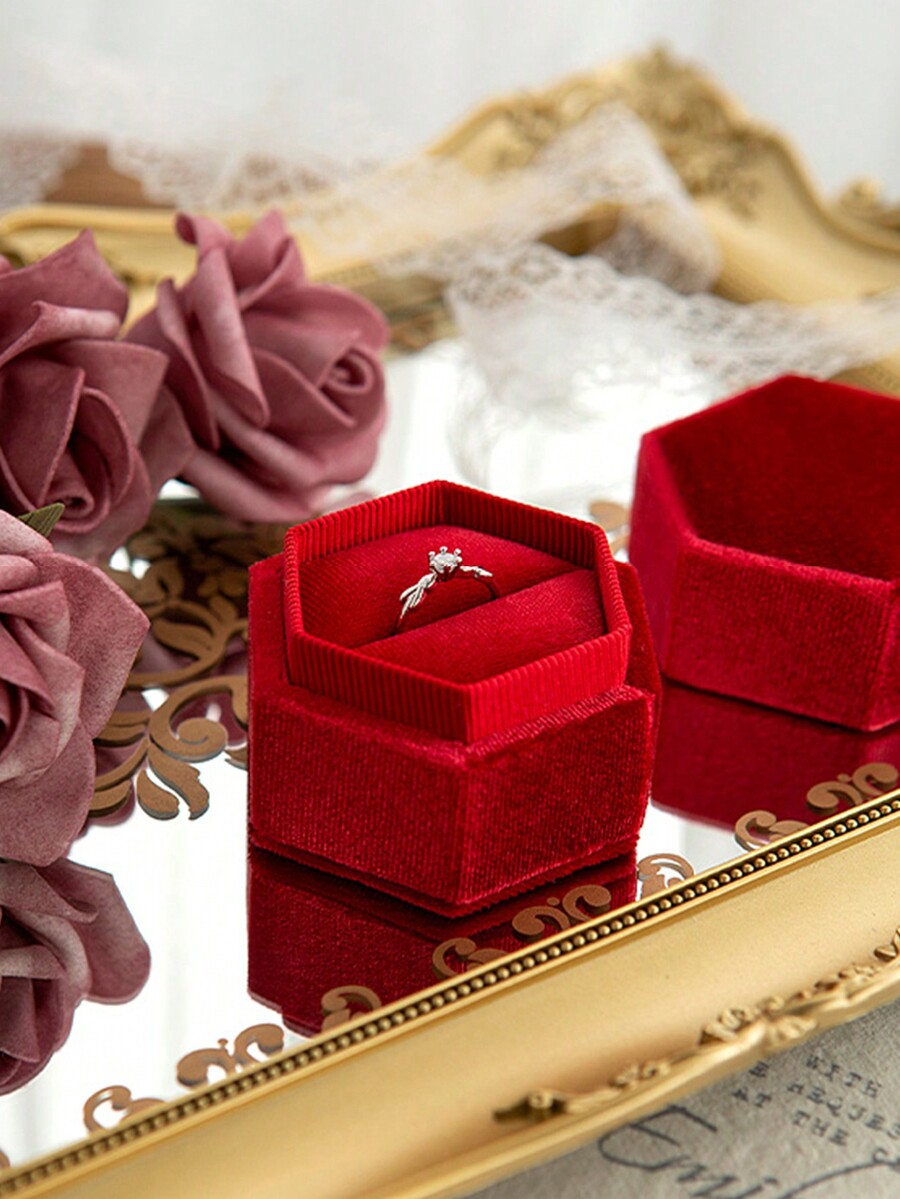 Velvet Ring Box Vintage Hexagon Premium Jewelry Display Holder Gift