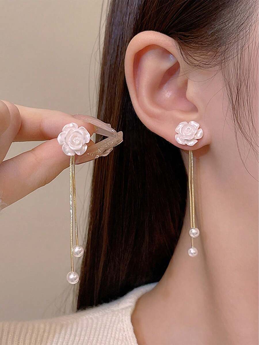 topshiny 1 对韩式优雅玫瑰花仿珍珠流苏奢华优雅耳钉耳环适合女士情人节、妈妈、母亲、母亲节、礼物 - 白色 - 查看 1