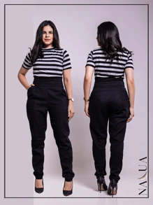 KIT 2 Women's Tailored Trousers, In Linen, With Draped Waistband And Side Cuffs, With Front Pocket - Black - View 6