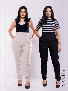 KIT 2 Women's Tailored Trousers, In Linen, With Draped Waistband And Side Cuffs, With Front Pocket - Black - View 1